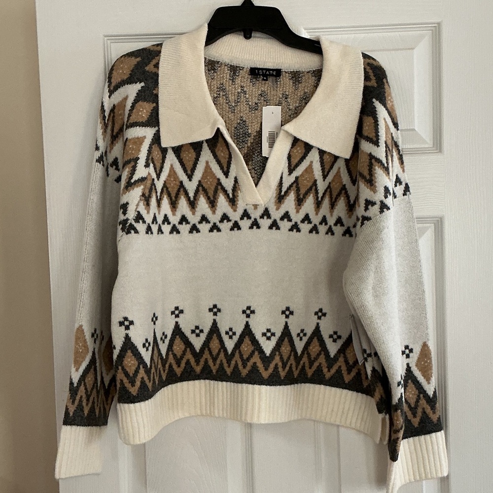 1. State Cream and Brown V-Neck Sweater
